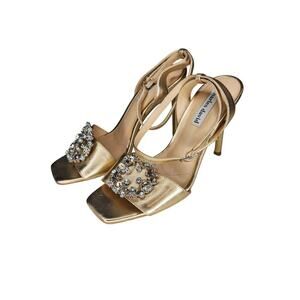 Charles David Rose Gold High Heel Sandal Square Toe Rhinestones Leather